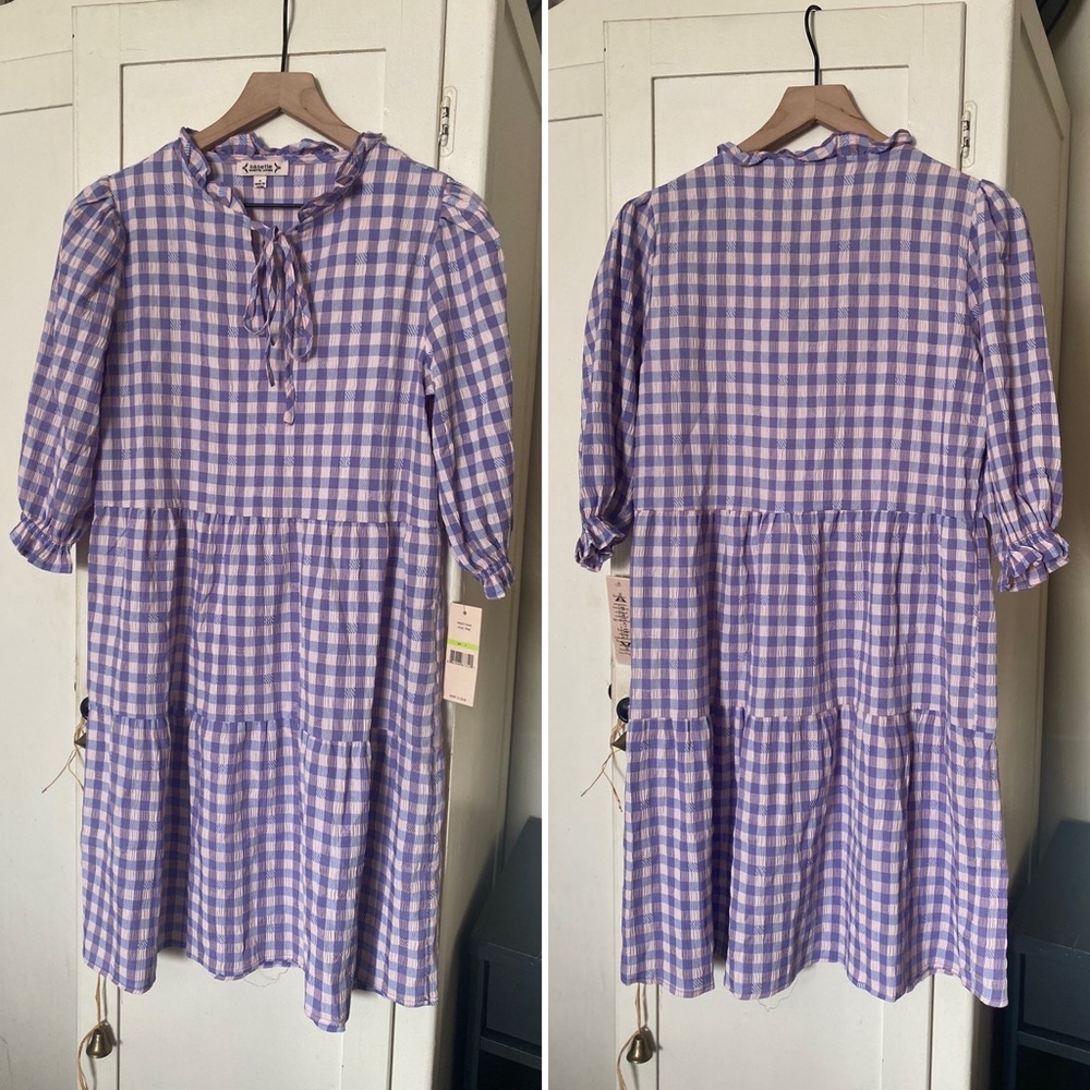 NWT Nanette Lepore Purple Gingham Long Sleeve Tiered Dress Size 4